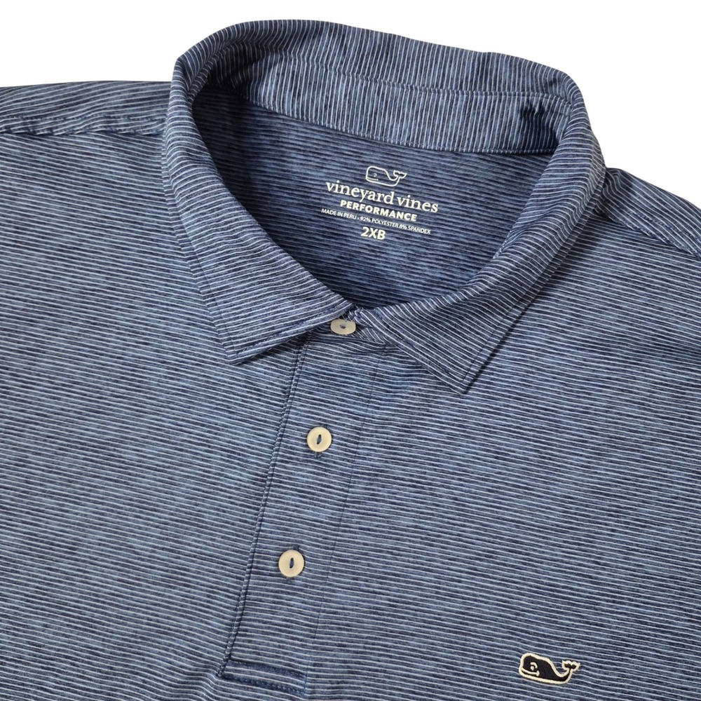 Vineyard Vines Polo Shirt Mens 2XB Blue Striped Performance Stretch Whale Golf